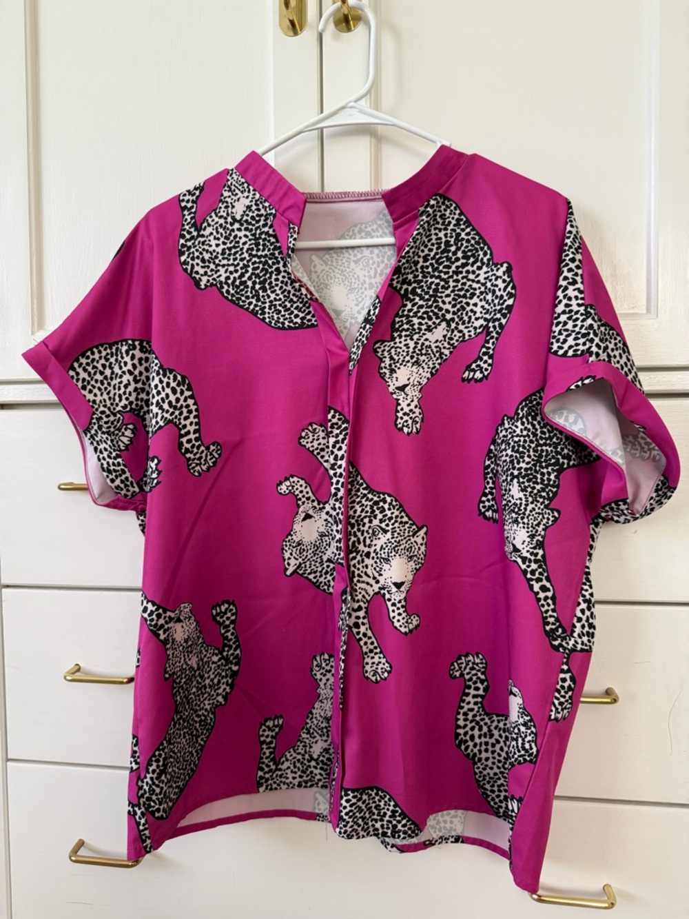 SHEIN Magenta Leopard Print Short Sleeve Blouse